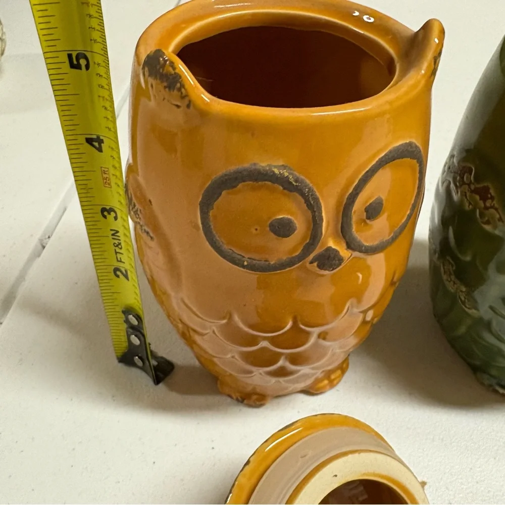 Owl Ceramic Jars in Green and Orange - Picture 3 of 3